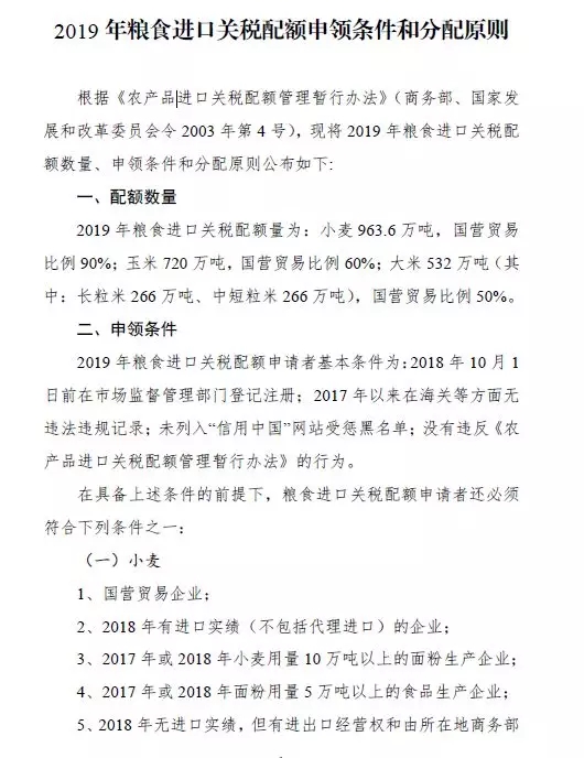 2019糧食棉花進出口報關申請配額出爐