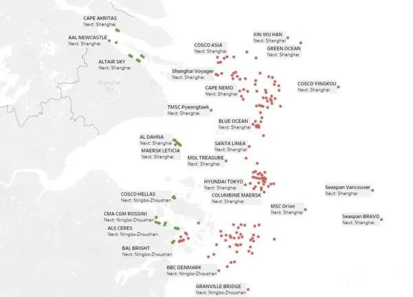 上海/寧波港外等待靠泊集裝箱船數
