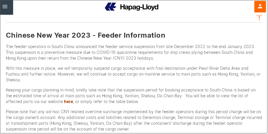 兩大船公司宣布：春節前后將暫停接收運往華南地區的貨物！